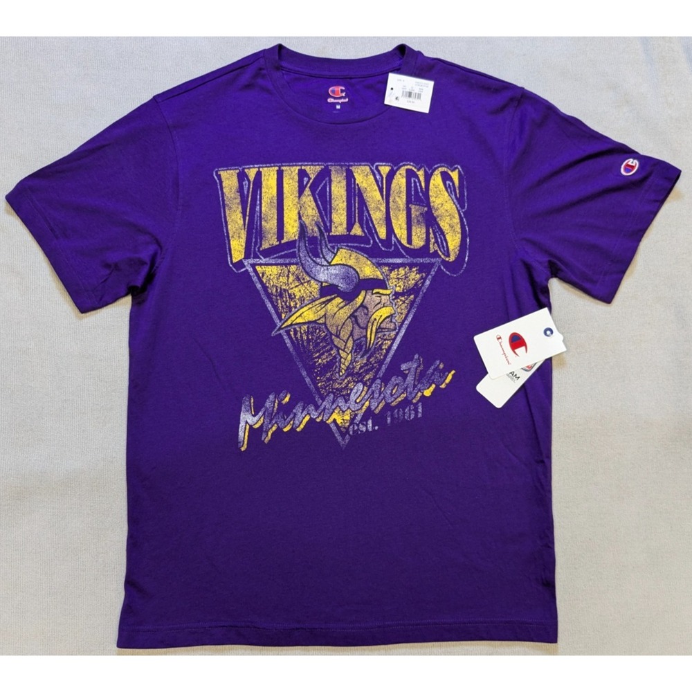 Minnesota Vikings Shirt Mens Medium Purple Champion Retro 90s Distressed NFL New